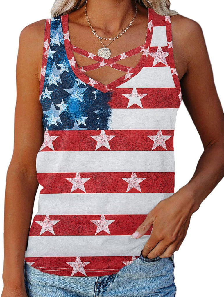 American Flag Print Tank Tops Women USA Stars Stripes Patriotic T Shirt Summer Loose Vest Tees