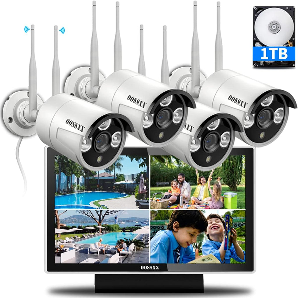 (All-In-One Monitor) 2-Antennas Enchance Outdoor Security Camera System Wireless with Monitor Wifi Home Surveillance System 3.0MP Video Surveillance