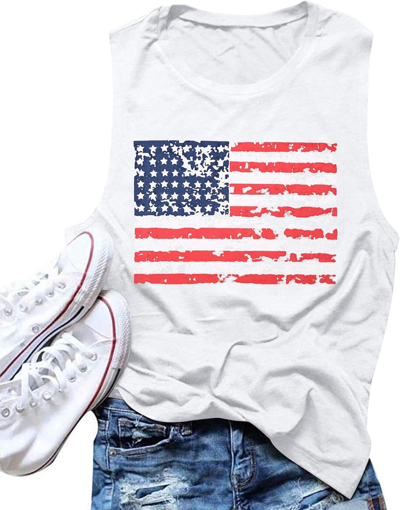 American Flag Print Tank Tops Women USA Stars Stripes Patriotic T Shirt Summer Loose Vest Tees