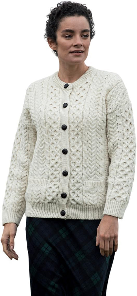 Achill Island Aran Cardigan for Women, 100% Merino Wool, Authentic Irish Knit Cardigan, Made in Ireland