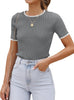 Women'S Short Sleeve Crewneck T Shirt 2024 Summer Ribbed Knit Slim Fit Basic Solid Color Tee Tops