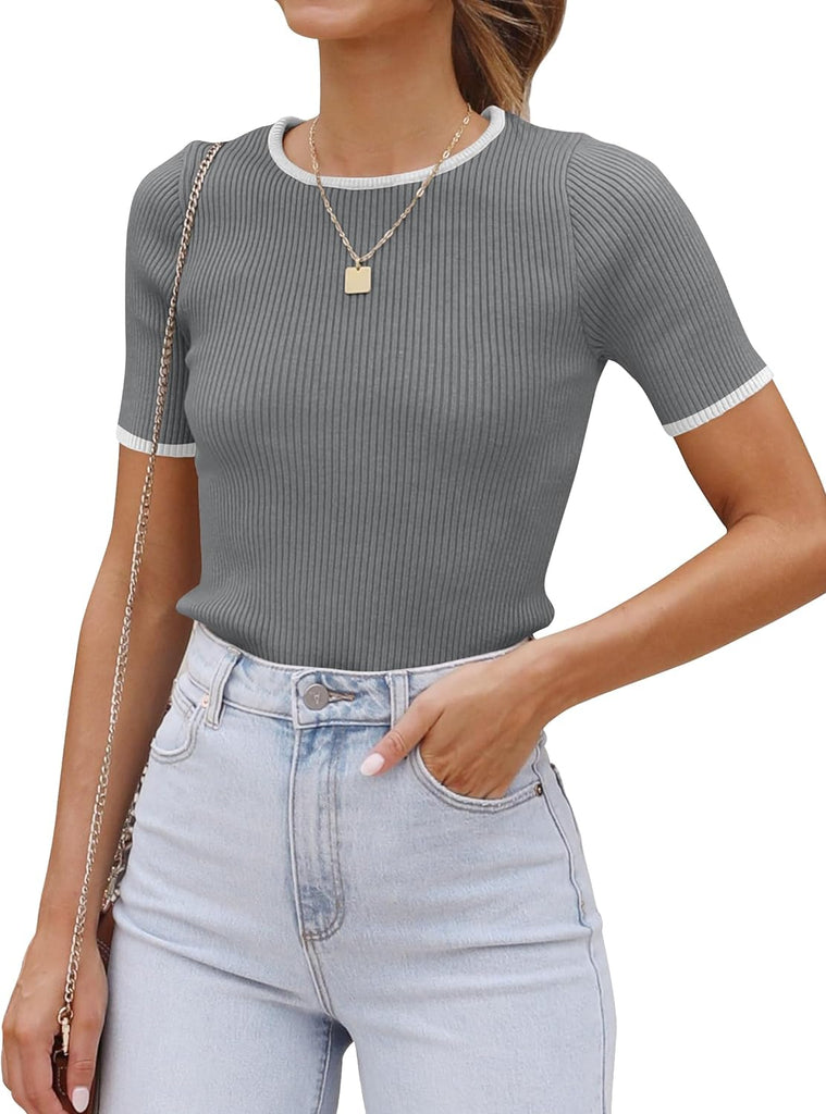 Women'S Short Sleeve Crewneck T Shirt 2024 Summer Ribbed Knit Slim Fit Basic Solid Color Tee Tops