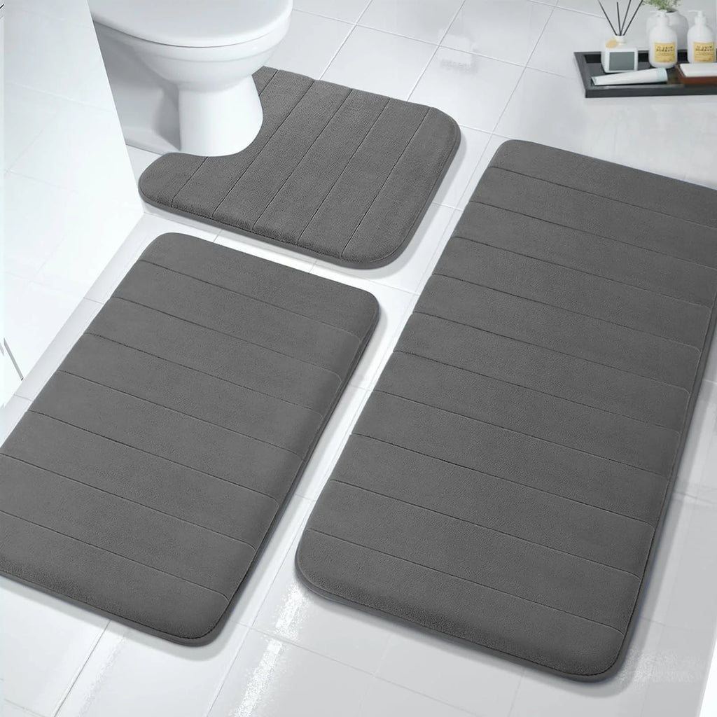 Memory Foam Bath Mat Set, Thicken, Absorbent, Non-Slip, Reboundable, 3 Pieces Bathroom Rugs Sets 44.1"X24"+ 31.5"X19.8"+ U 24.4"X20.2" Dark Gray