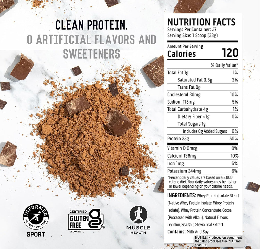 100% Whey Protein Powder - Post Workout Whey Protein Isolate, Zero Artificial Flavors & Sweeteners, Gluten Free, 5.5G BCAA, 2.6G Leucine, Essential Amino Acids, Chocolate 2 Lb