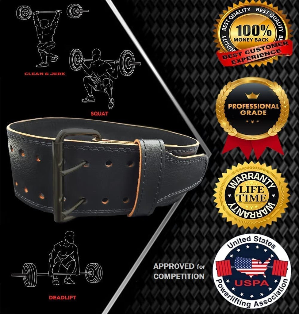 Weight Lifting Belt - Double Stitched Premium Leather Weightlifting Belts for Men and Women Sizes S-XL with 2 Durable Prongs - Weight Lifting Belts for Lower Back Support - Squat Belt