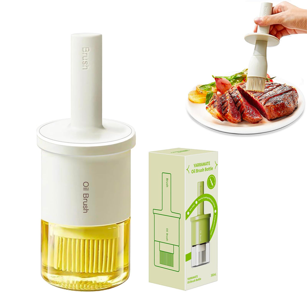 Oil Dispenser Bottle with Heat Resistant Brush, Glass Oil Dispenser for Kitchen, Oil Container with Silicone Basting & Pastry Brush for Cooking BBQ Vinegar Sauce Grill Frying(Creamy White)