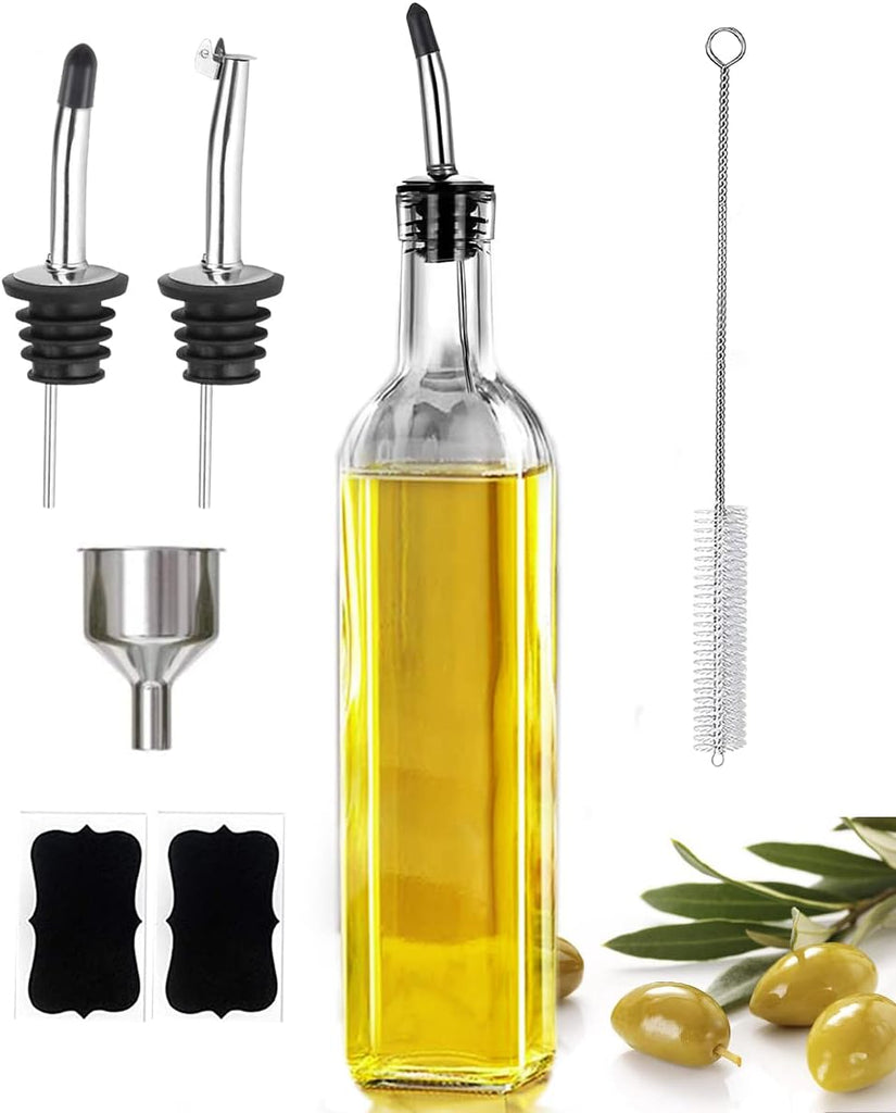 17oz Olive Oil Dispenser Bottle, 500ml Oil & Vinegar Cruet with 2 Stainless Steel Pourers, 2 Labels,1 Brush and 1 Funnel for Kitchen