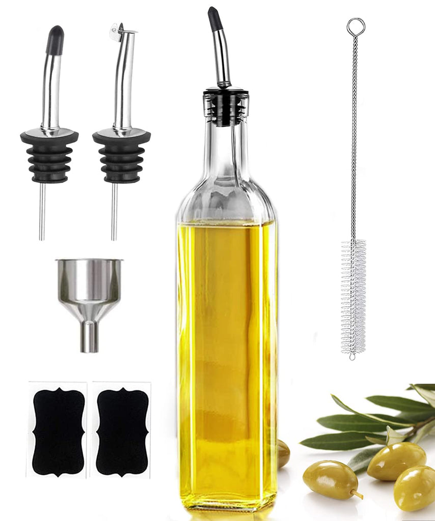 17oz Olive Oil Dispenser Bottle, 500ml Oil & Vinegar Cruet with 2 Stainless Steel Pourers, 2 Labels,1 Brush and 1 Funnel for Kitchen