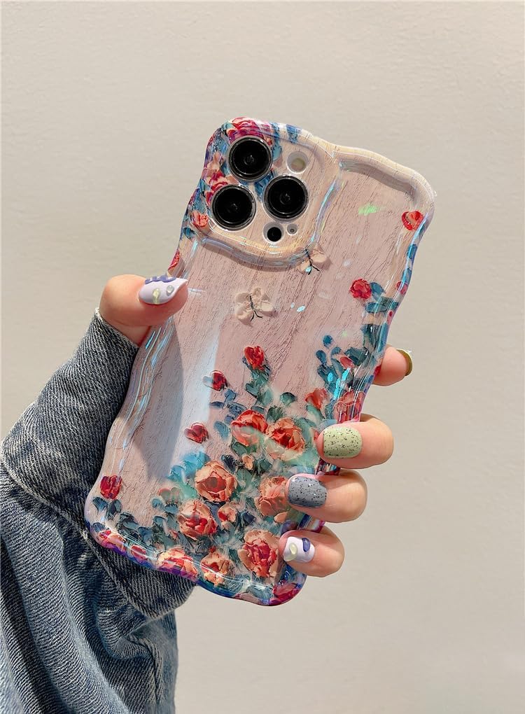 Case for iPhone 15 Pro Max, Colorful Retro Oil Painting Printed Flower Laser Glossy Pattern Cute Curly Wave Edge Exquisite Phone Cover Stylish Durable TPU Protective Case for Girls Women-Green