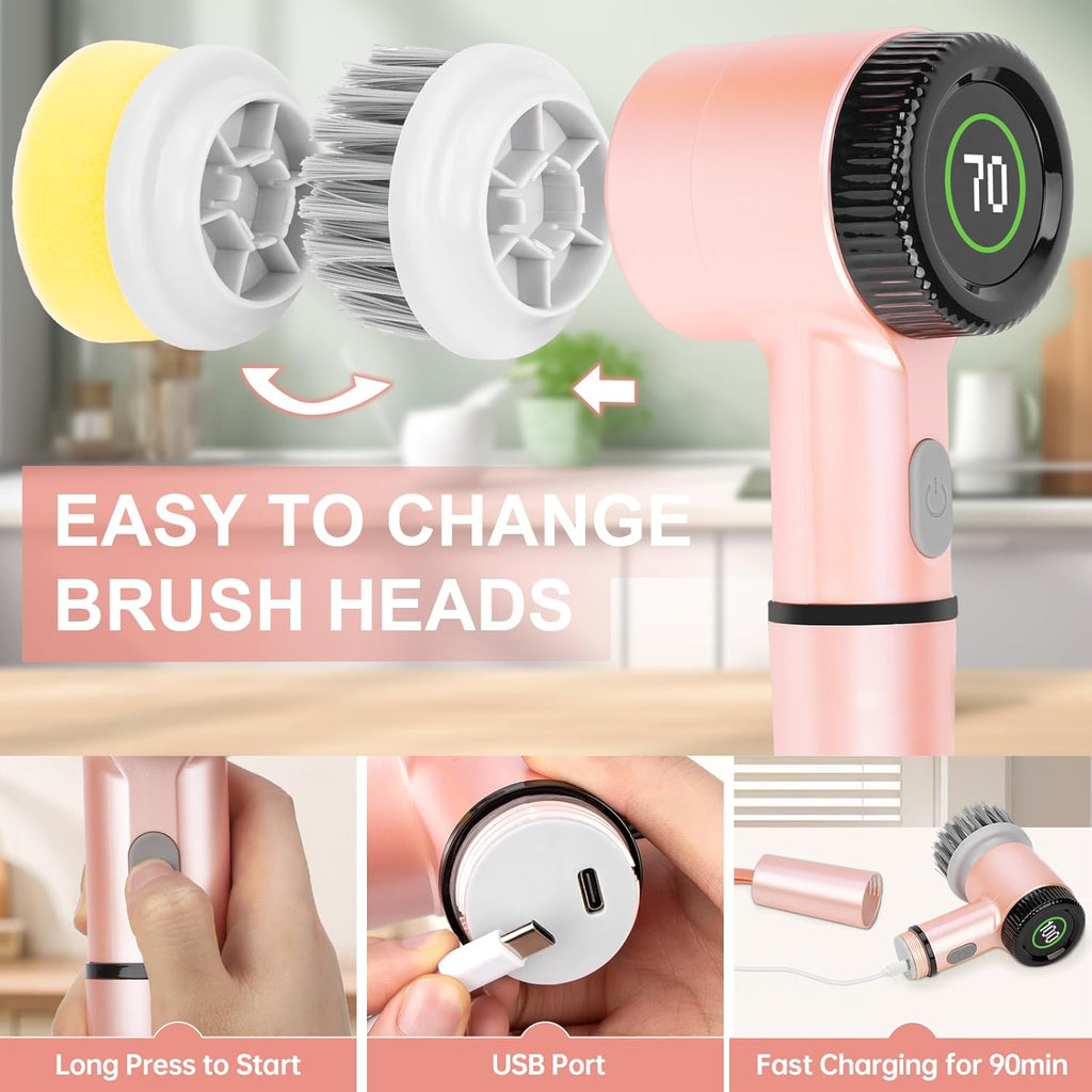 Electric Spin Scrubber, Cordless Handheld Spin Kitchen Scrubber with Replaceable Cleaning Brush Heads, 15 Piece Electric Scrubber for Cleaning with LED Display