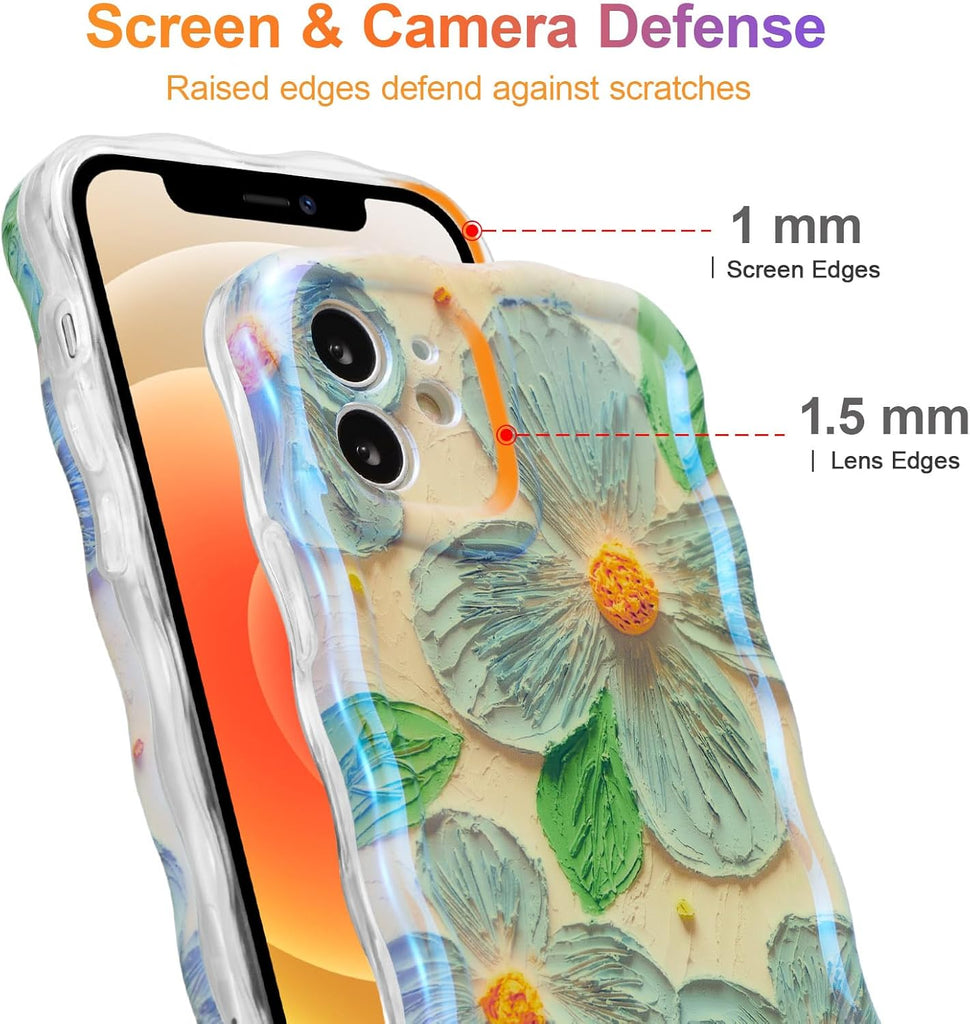 Case for iPhone 15 Pro Max, Colorful Retro Oil Painting Printed Flower Laser Glossy Pattern Cute Curly Wave Edge Exquisite Phone Cover Stylish Durable TPU Protective Case for Girls Women-Green