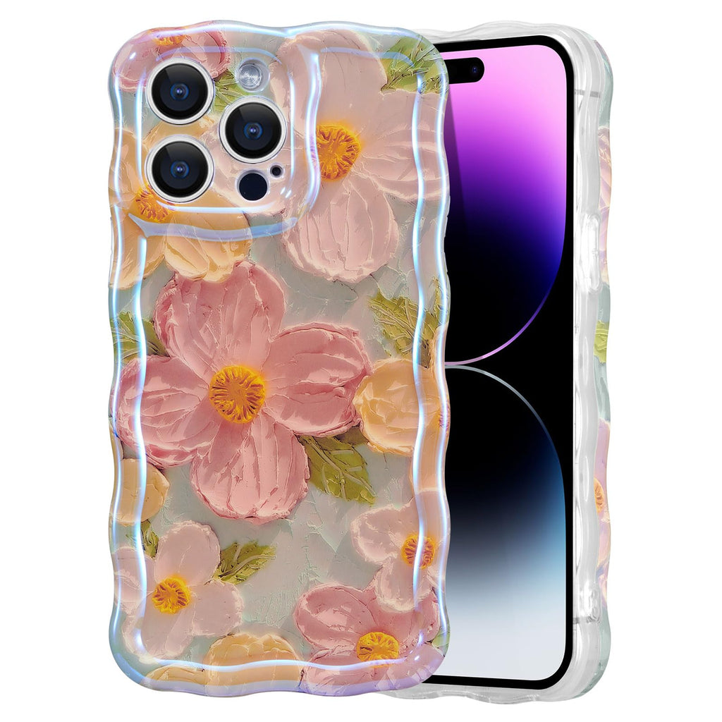 Case for iPhone 15 Pro Max, Colorful Retro Oil Painting Printed Flower Laser Glossy Pattern Cute Curly Wave Edge Exquisite Phone Cover Stylish Durable TPU Protective Case for Girls Women-Green