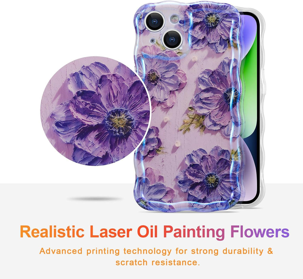 Case for iPhone 15 Pro Max, Colorful Retro Oil Painting Printed Flower Laser Glossy Pattern Cute Curly Wave Edge Exquisite Phone Cover Stylish Durable TPU Protective Case for Girls Women-Green