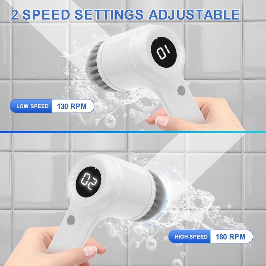 Electric Spin Scrubber, Power Scrubber Cordless Electric Shower Scrubber for Cleaning with LED Display, for Bathroom, Tub, Kitchen Stove, Tile Grout with 6 Brush Heads