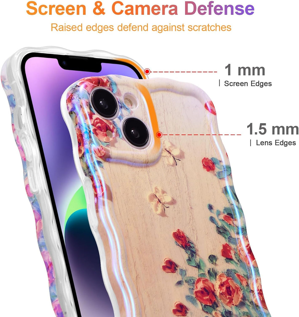 Case for iPhone 15 Pro Max, Colorful Retro Oil Painting Printed Flower Laser Glossy Pattern Cute Curly Wave Edge Exquisite Phone Cover Stylish Durable TPU Protective Case for Girls Women-Green