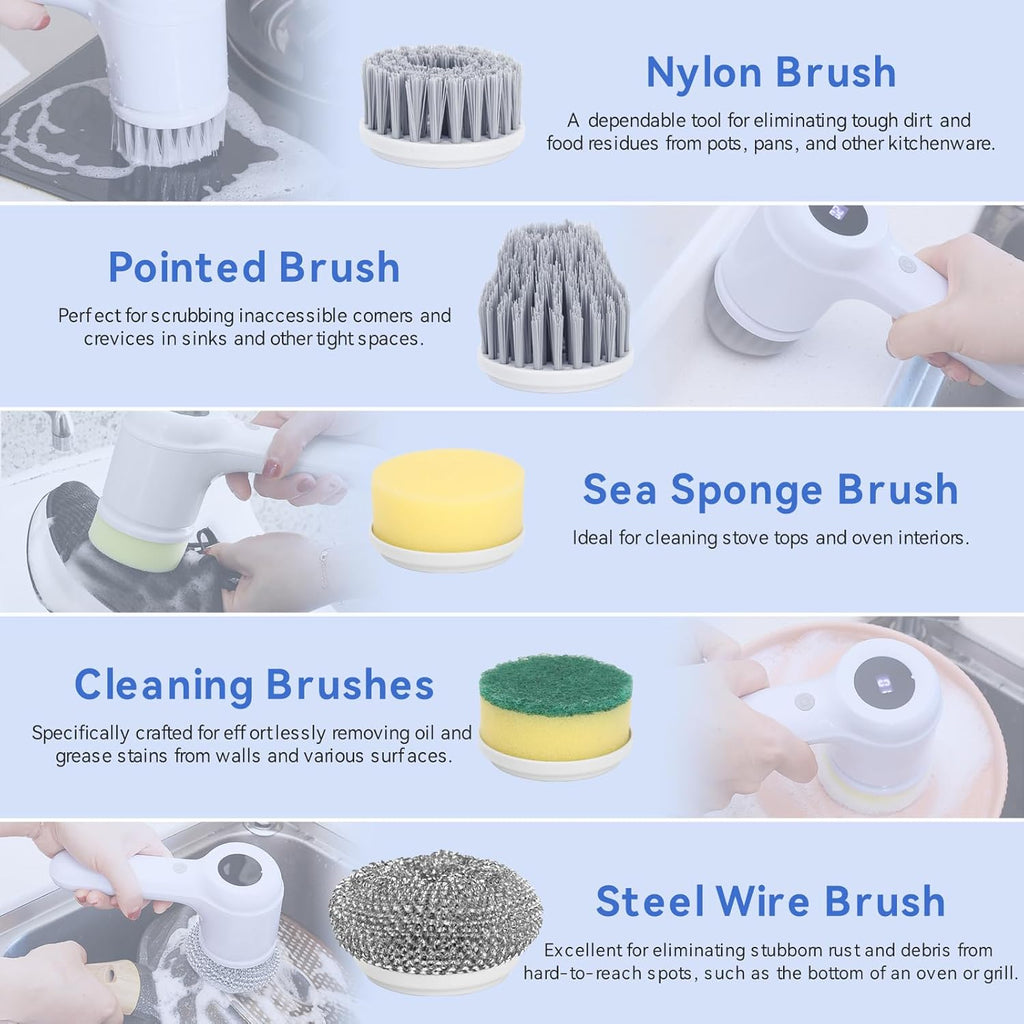 Electric Spin Scrubber, Power Scrubber Cordless Electric Shower Scrubber for Cleaning with LED Display, for Bathroom, Tub, Kitchen Stove, Tile Grout with 6 Brush Heads