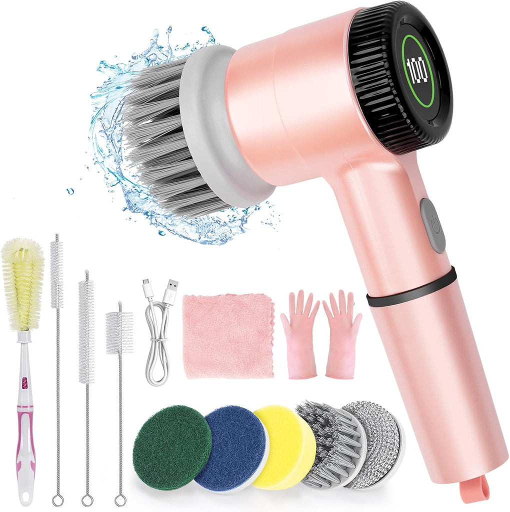 Electric Spin Scrubber, Cordless Handheld Spin Kitchen Scrubber with Replaceable Cleaning Brush Heads, 15 Piece Electric Scrubber for Cleaning with LED Display