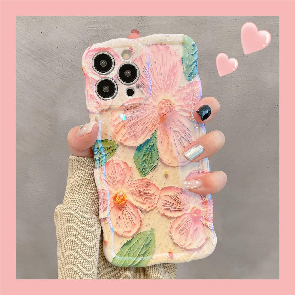 Case for iPhone 15 Pro Max, Colorful Retro Oil Painting Printed Flower Laser Glossy Pattern Cute Curly Wave Edge Exquisite Phone Cover Stylish Durable TPU Protective Case for Girls Women-Green