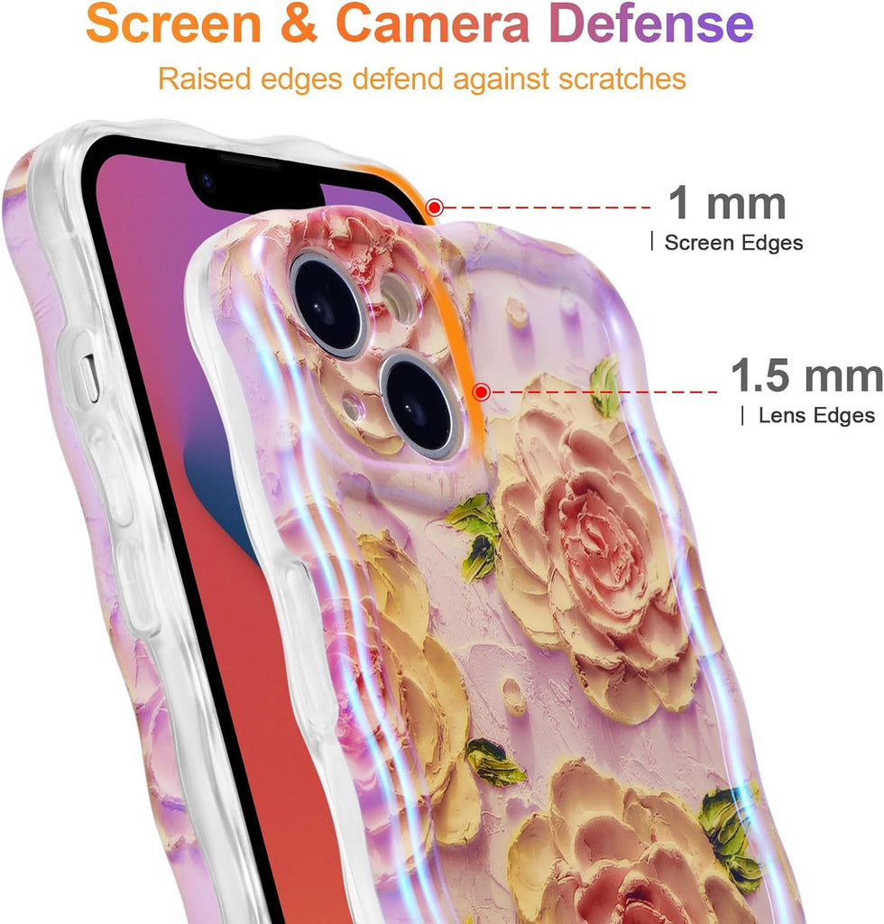 Case for iPhone 15 Pro Max, Colorful Retro Oil Painting Printed Flower Laser Glossy Pattern Cute Curly Wave Edge Exquisite Phone Cover Stylish Durable TPU Protective Case for Girls Women-Green