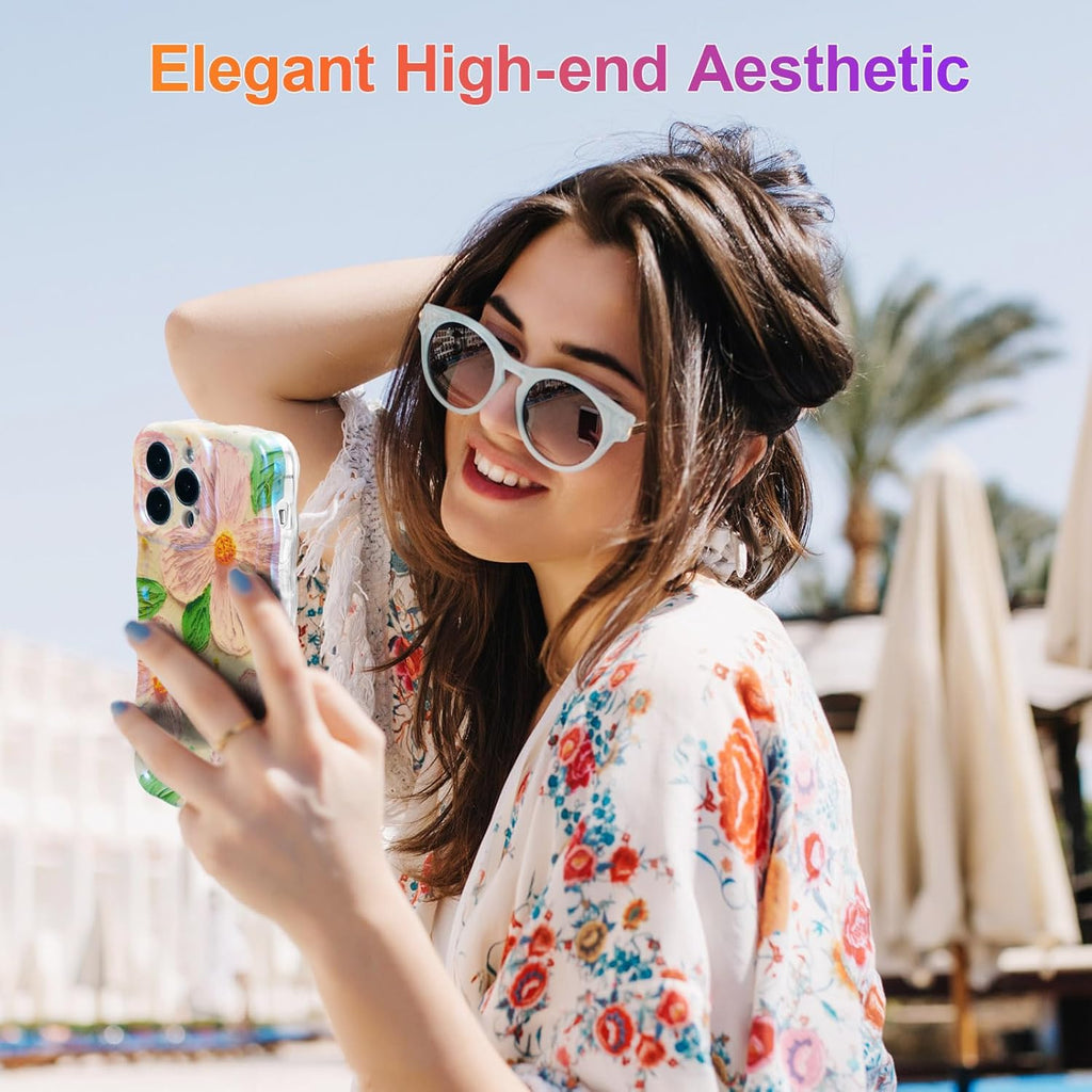 Case for iPhone 15 Pro Max, Colorful Retro Oil Painting Printed Flower Laser Glossy Pattern Cute Curly Wave Edge Exquisite Phone Cover Stylish Durable TPU Protective Case for Girls Women-Green