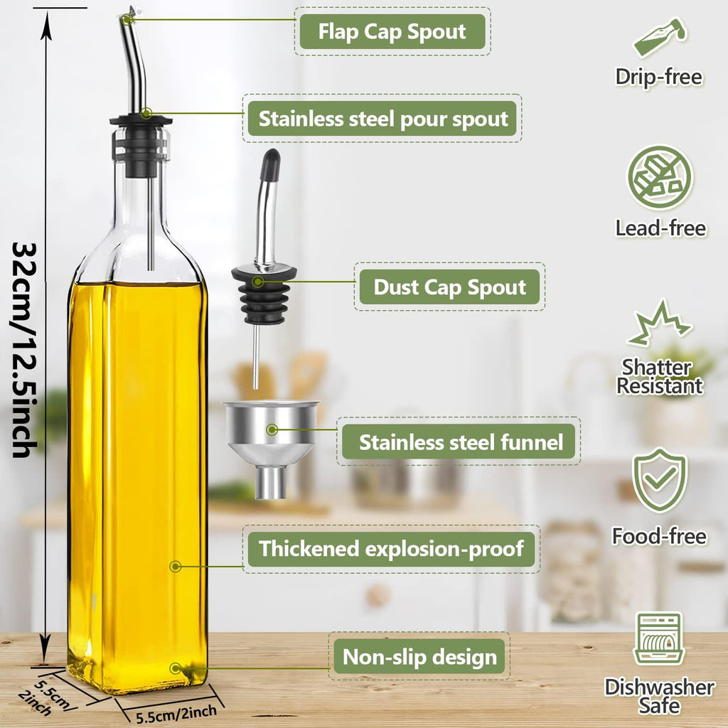 17oz Olive Oil Dispenser Bottle, 500ml Oil & Vinegar Cruet with 2 Stainless Steel Pourers, 2 Labels,1 Brush and 1 Funnel for Kitchen