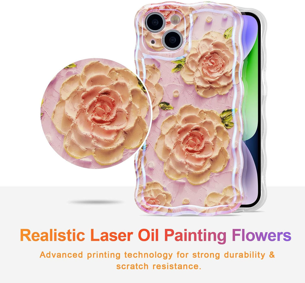 Case for iPhone 15 Pro Max, Colorful Retro Oil Painting Printed Flower Laser Glossy Pattern Cute Curly Wave Edge Exquisite Phone Cover Stylish Durable TPU Protective Case for Girls Women-Green