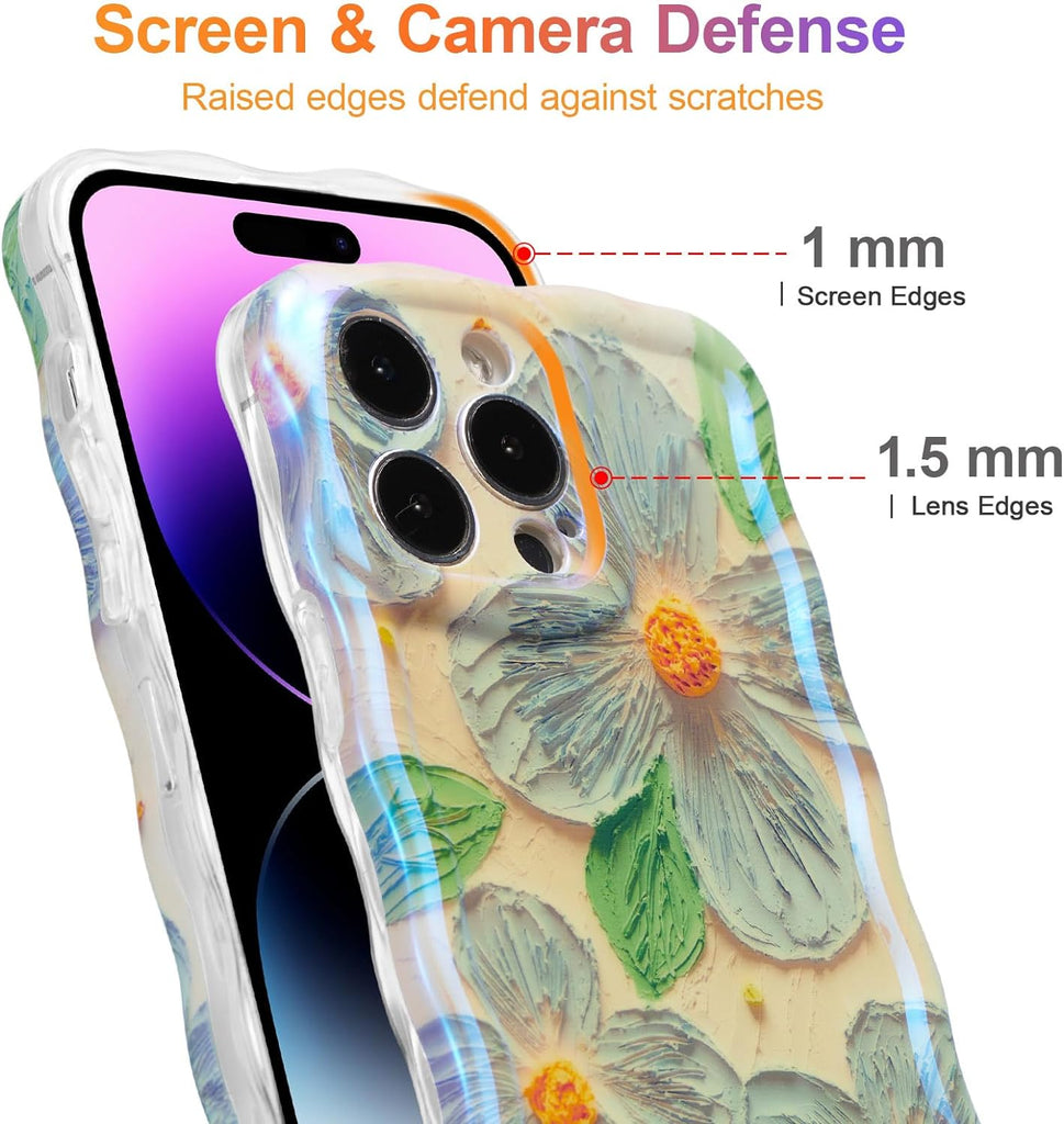 Case for iPhone 15 Pro Max, Colorful Retro Oil Painting Printed Flower Laser Glossy Pattern Cute Curly Wave Edge Exquisite Phone Cover Stylish Durable TPU Protective Case for Girls Women-Green