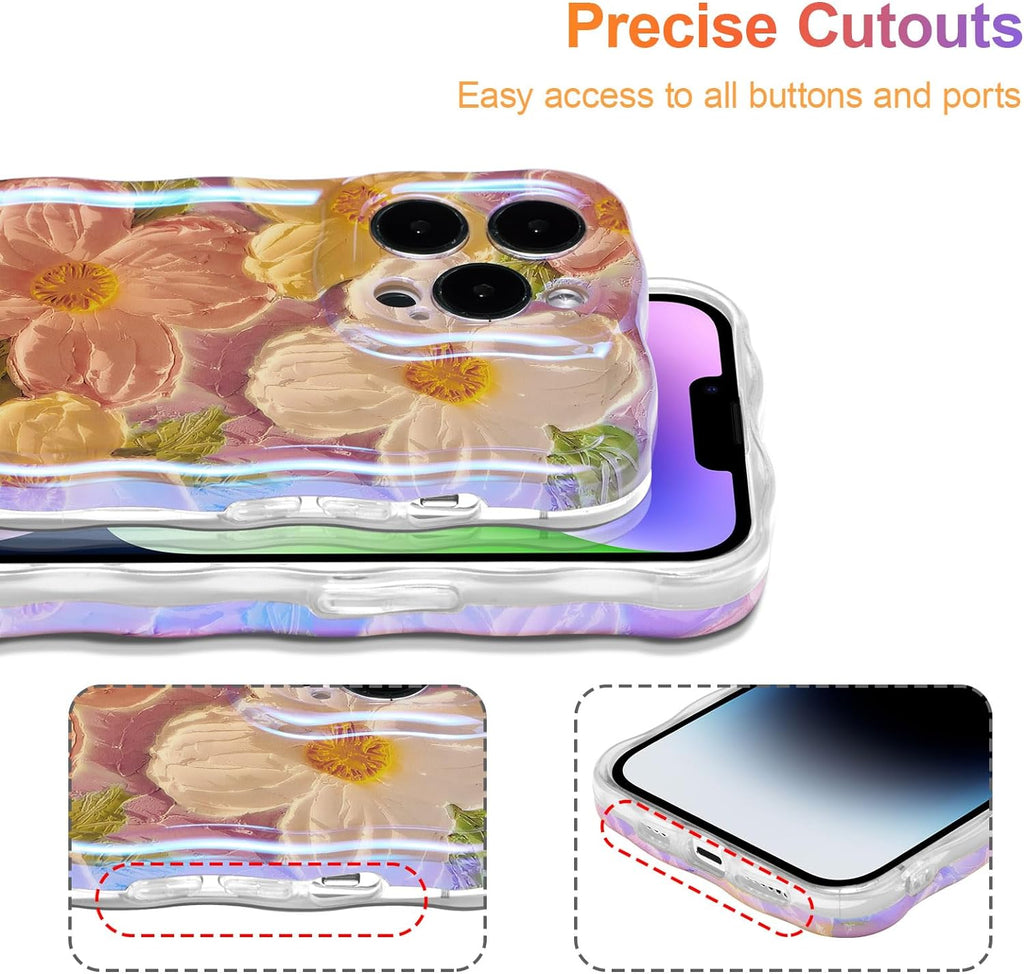 Case for iPhone 15 Pro Max, Colorful Retro Oil Painting Printed Flower Laser Glossy Pattern Cute Curly Wave Edge Exquisite Phone Cover Stylish Durable TPU Protective Case for Girls Women-Green