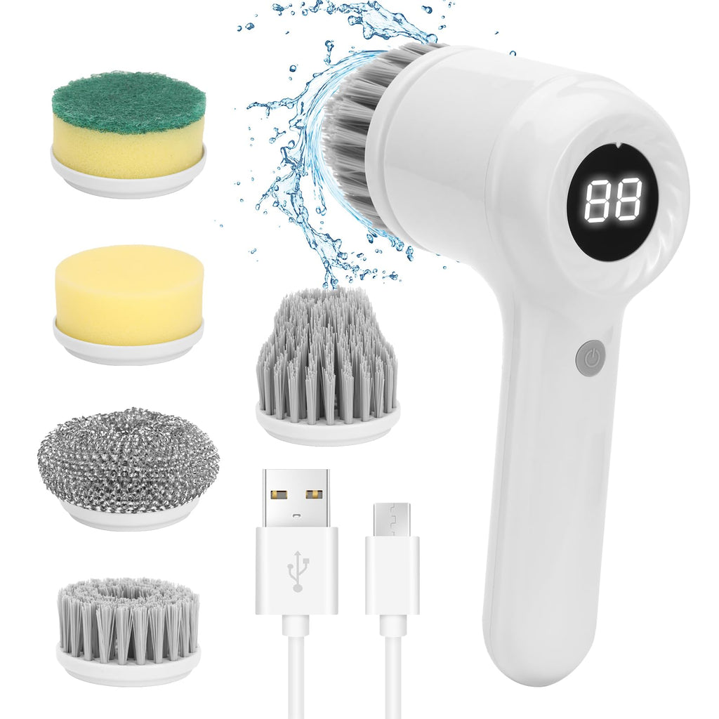 Electric Spin Scrubber, Power Scrubber Cordless Electric Shower Scrubber for Cleaning with LED Display, for Bathroom, Tub, Kitchen Stove, Tile Grout with 6 Brush Heads