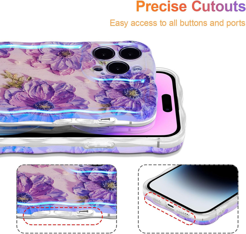 Case for iPhone 15 Pro Max, Colorful Retro Oil Painting Printed Flower Laser Glossy Pattern Cute Curly Wave Edge Exquisite Phone Cover Stylish Durable TPU Protective Case for Girls Women-Green