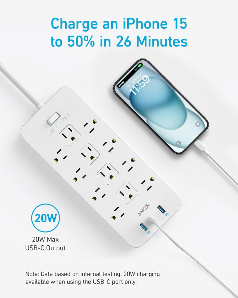 Surge Protector Power Strip (2100J), Anker 12 Outlets with 1 USB C and 2 USB Ports for iPhone