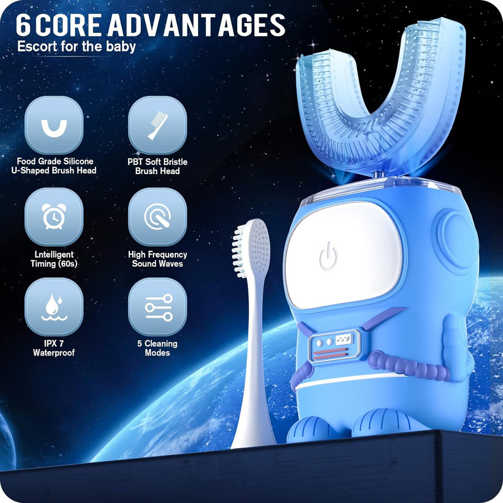 Ultrasonic Kid's U-Shaped Electric Toothbrush, IPX7 Waterproof, Five Cleaning Modes, 60S Smart Reminder (Blue Ages 6-12)