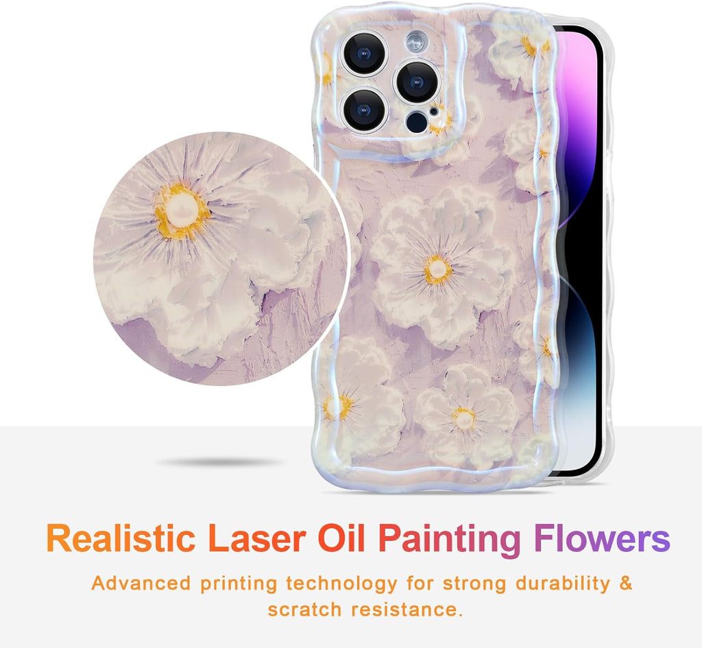 Case for iPhone 15 Pro Max, Colorful Retro Oil Painting Printed Flower Laser Glossy Pattern Cute Curly Wave Edge Exquisite Phone Cover Stylish Durable TPU Protective Case for Girls Women-Green