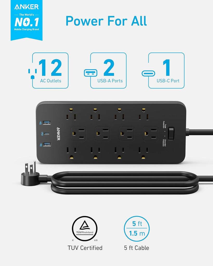 Surge Protector Power Strip (2100J), Anker 12 Outlets with 1 USB C and 2 USB Ports for iPhone