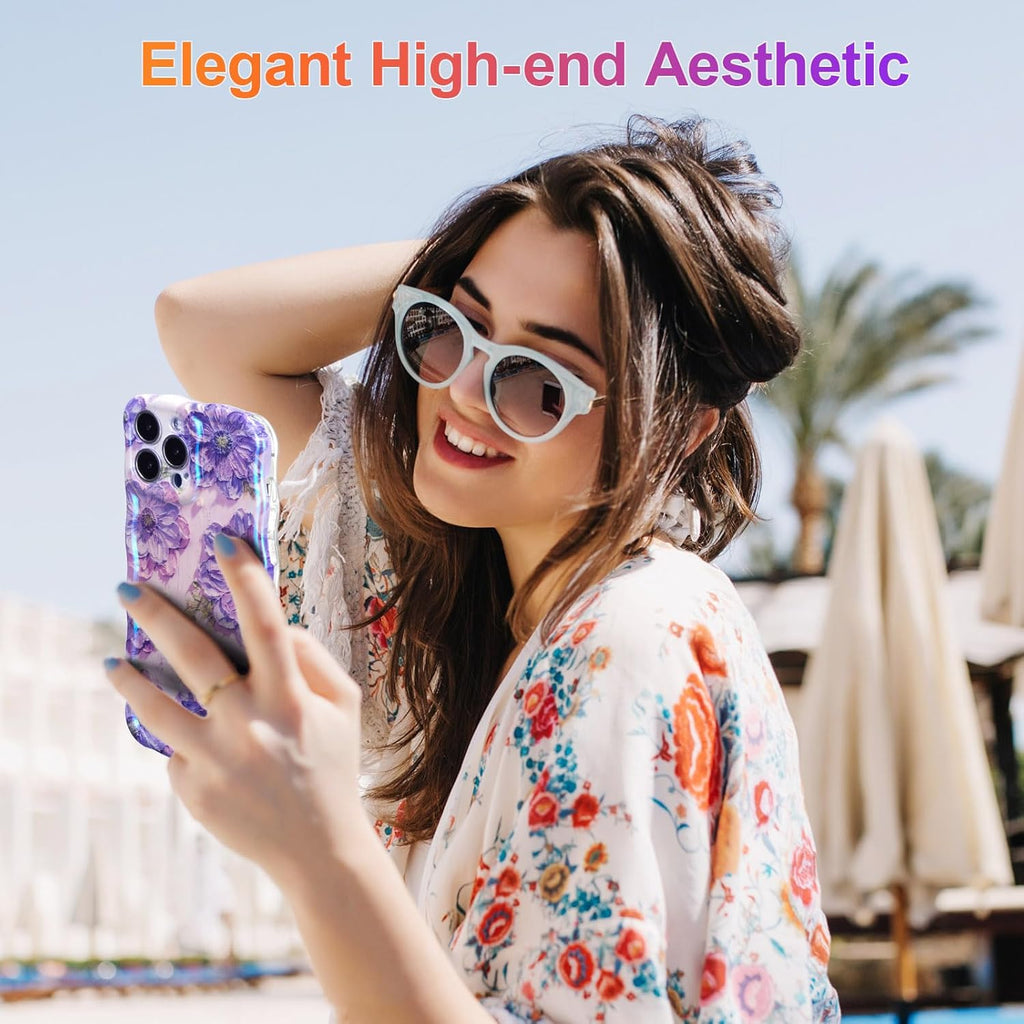 Case for iPhone 15 Pro Max, Colorful Retro Oil Painting Printed Flower Laser Glossy Pattern Cute Curly Wave Edge Exquisite Phone Cover Stylish Durable TPU Protective Case for Girls Women-Green