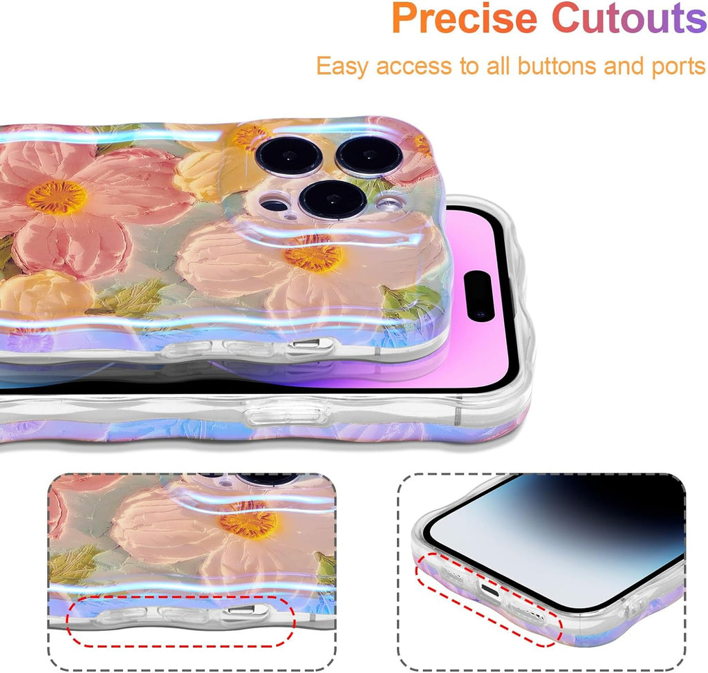 Case for iPhone 15 Pro Max, Colorful Retro Oil Painting Printed Flower Laser Glossy Pattern Cute Curly Wave Edge Exquisite Phone Cover Stylish Durable TPU Protective Case for Girls Women-Green