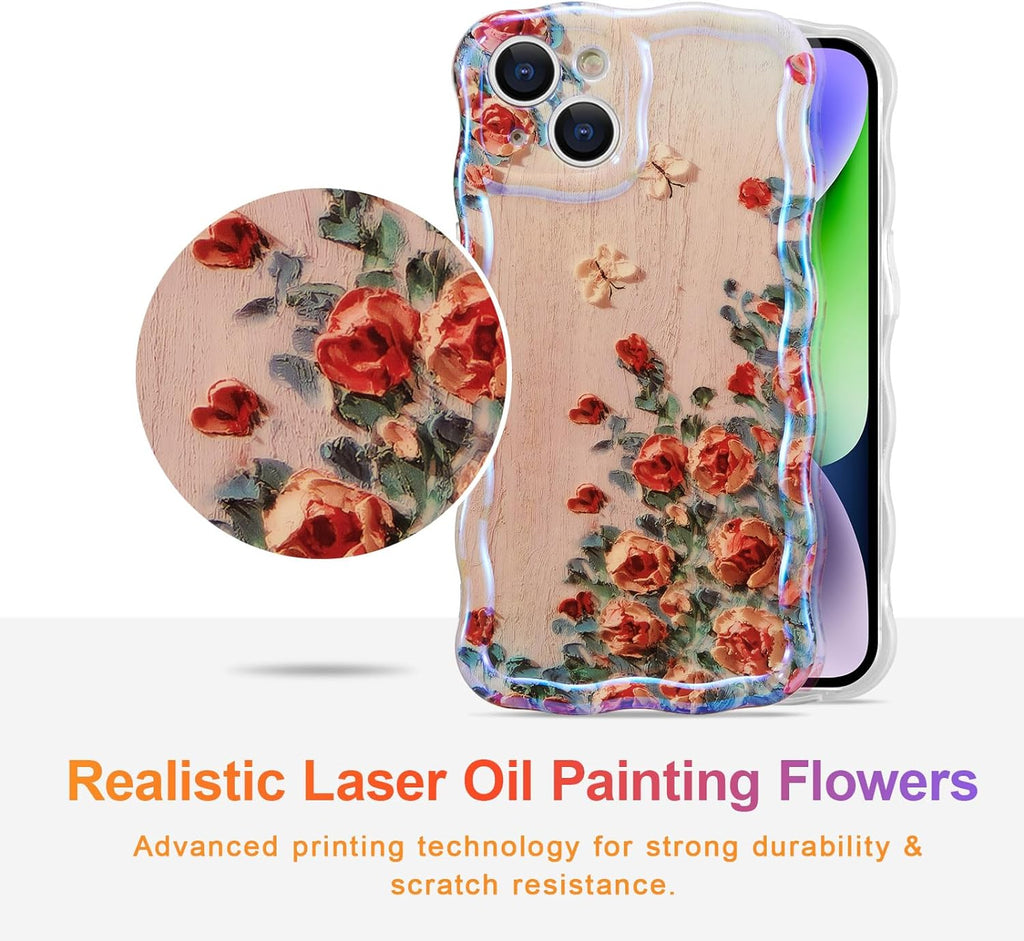 Case for iPhone 15 Pro Max, Colorful Retro Oil Painting Printed Flower Laser Glossy Pattern Cute Curly Wave Edge Exquisite Phone Cover Stylish Durable TPU Protective Case for Girls Women-Green