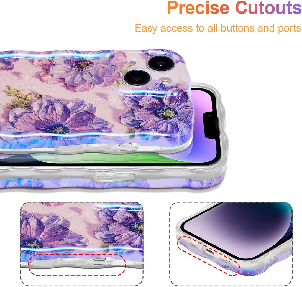 Case for iPhone 15 Pro Max, Colorful Retro Oil Painting Printed Flower Laser Glossy Pattern Cute Curly Wave Edge Exquisite Phone Cover Stylish Durable TPU Protective Case for Girls Women-Green