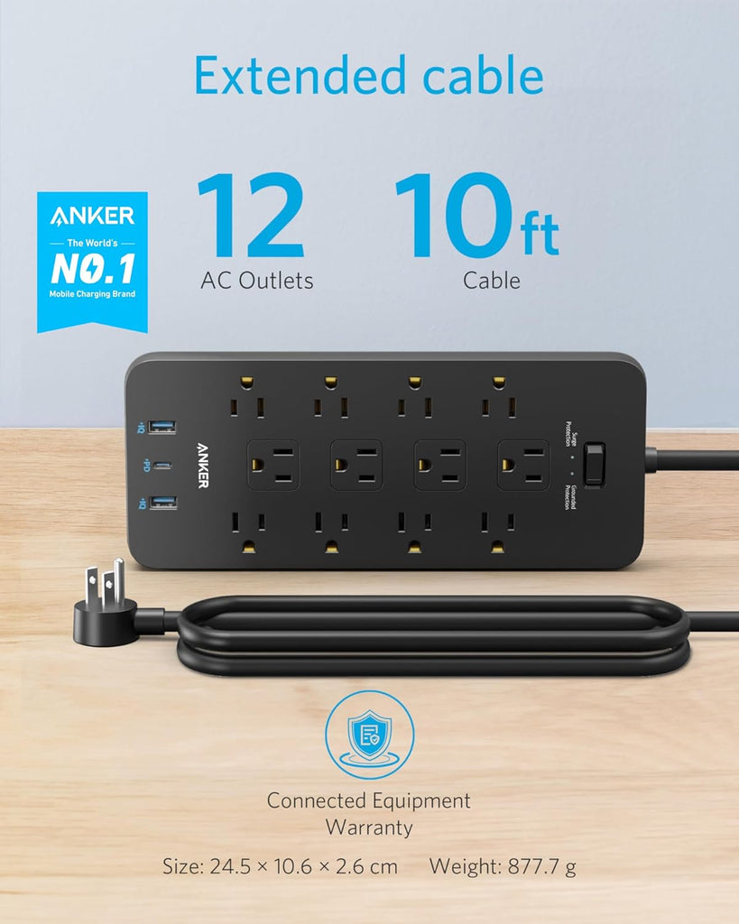 Surge Protector Power Strip (2100J), Anker 12 Outlets with 1 USB C and 2 USB Ports for iPhone