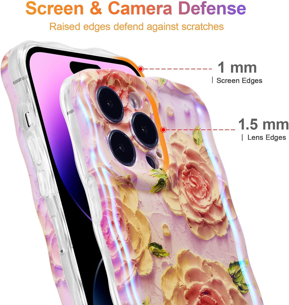 Case for iPhone 15 Pro Max, Colorful Retro Oil Painting Printed Flower Laser Glossy Pattern Cute Curly Wave Edge Exquisite Phone Cover Stylish Durable TPU Protective Case for Girls Women-Green