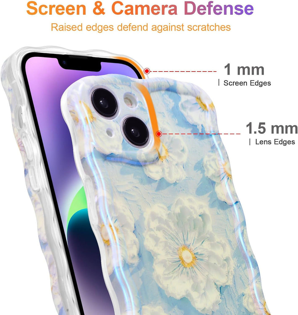 Case for iPhone 15 Pro Max, Colorful Retro Oil Painting Printed Flower Laser Glossy Pattern Cute Curly Wave Edge Exquisite Phone Cover Stylish Durable TPU Protective Case for Girls Women-Green