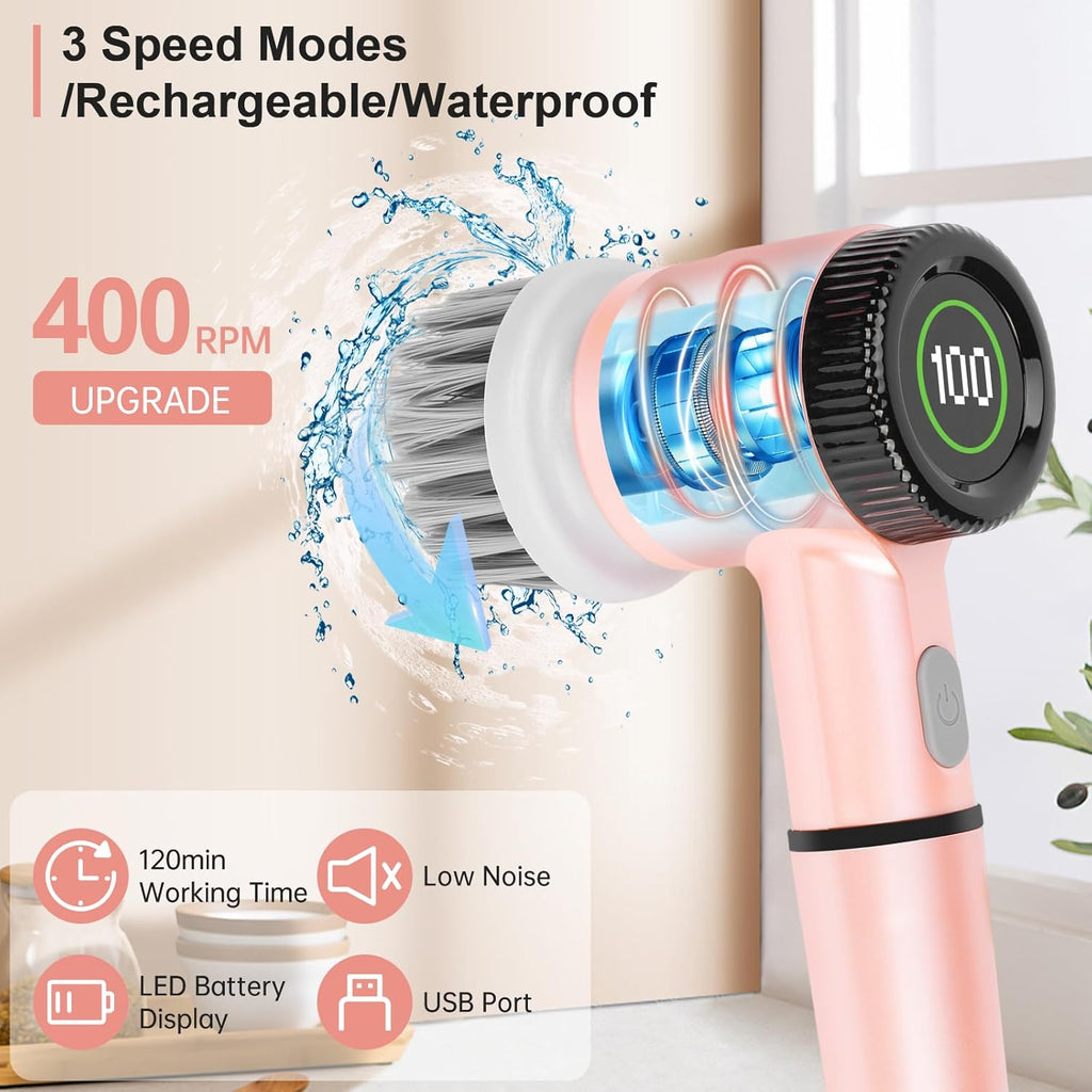 Electric Spin Scrubber, Cordless Handheld Spin Kitchen Scrubber with Replaceable Cleaning Brush Heads, 15 Piece Electric Scrubber for Cleaning with LED Display