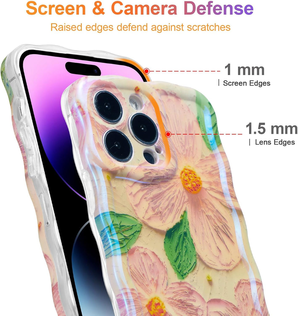 Case for iPhone 15 Pro Max, Colorful Retro Oil Painting Printed Flower Laser Glossy Pattern Cute Curly Wave Edge Exquisite Phone Cover Stylish Durable TPU Protective Case for Girls Women-Green