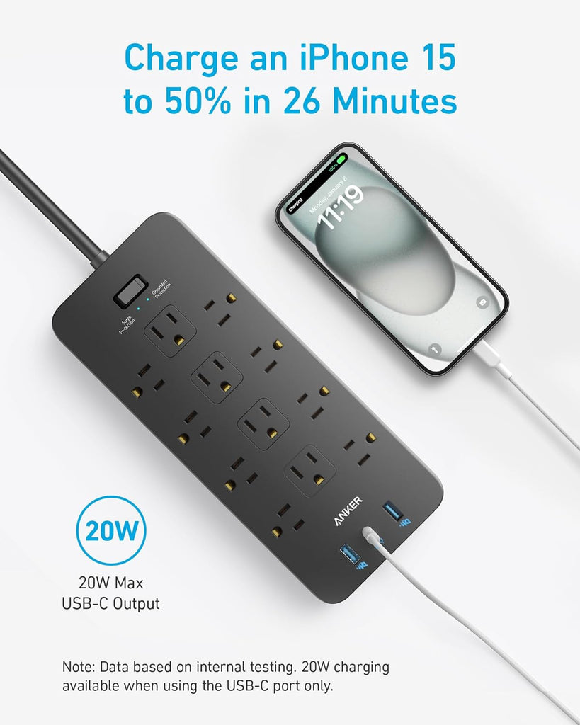 Surge Protector Power Strip (2100J), Anker 12 Outlets with 1 USB C and 2 USB Ports for iPhone