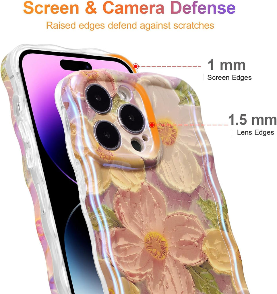 Case for iPhone 15 Pro Max, Colorful Retro Oil Painting Printed Flower Laser Glossy Pattern Cute Curly Wave Edge Exquisite Phone Cover Stylish Durable TPU Protective Case for Girls Women-Green