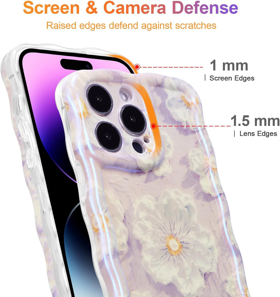 Case for iPhone 15 Pro Max, Colorful Retro Oil Painting Printed Flower Laser Glossy Pattern Cute Curly Wave Edge Exquisite Phone Cover Stylish Durable TPU Protective Case for Girls Women-Green