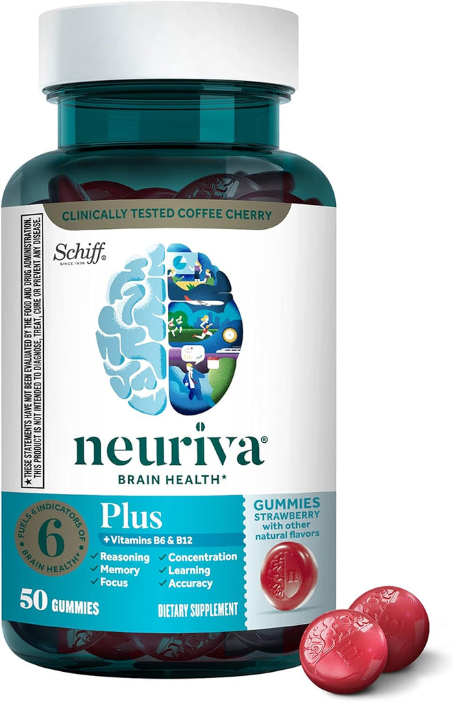 NEURIVA Plus Brain Supplement for Memory,Focus & Concentration+Cognitive Function with Vitamins B6 & B12 and Clinically Tested Nootropics Phosphatidylserine and Neurofactor,50ct Strawberry Gummies