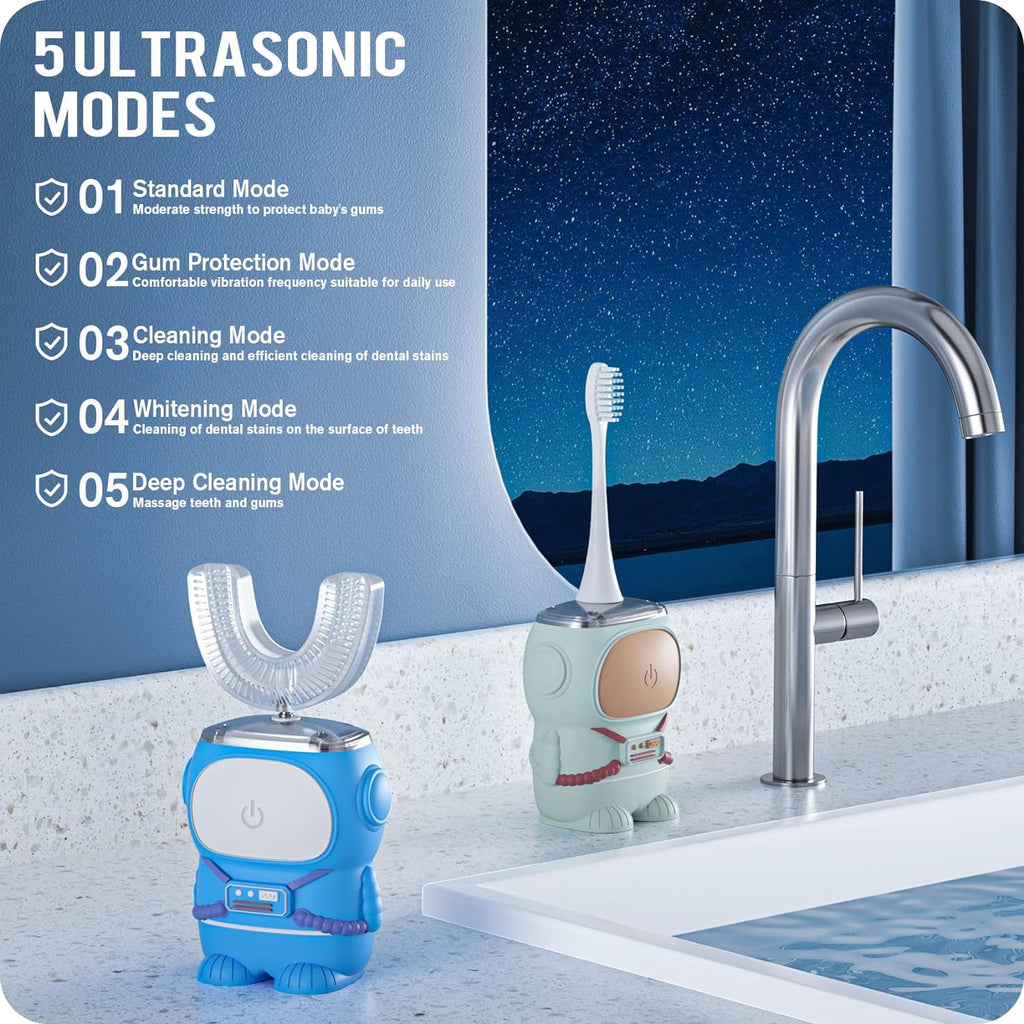 Ultrasonic Kid's U-Shaped Electric Toothbrush, IPX7 Waterproof, Five Cleaning Modes, 60S Smart Reminder (Blue Ages 6-12)