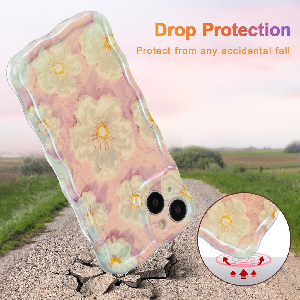 Case for iPhone 15 Pro Max, Colorful Retro Oil Painting Printed Flower Laser Glossy Pattern Cute Curly Wave Edge Exquisite Phone Cover Stylish Durable TPU Protective Case for Girls Women-Green