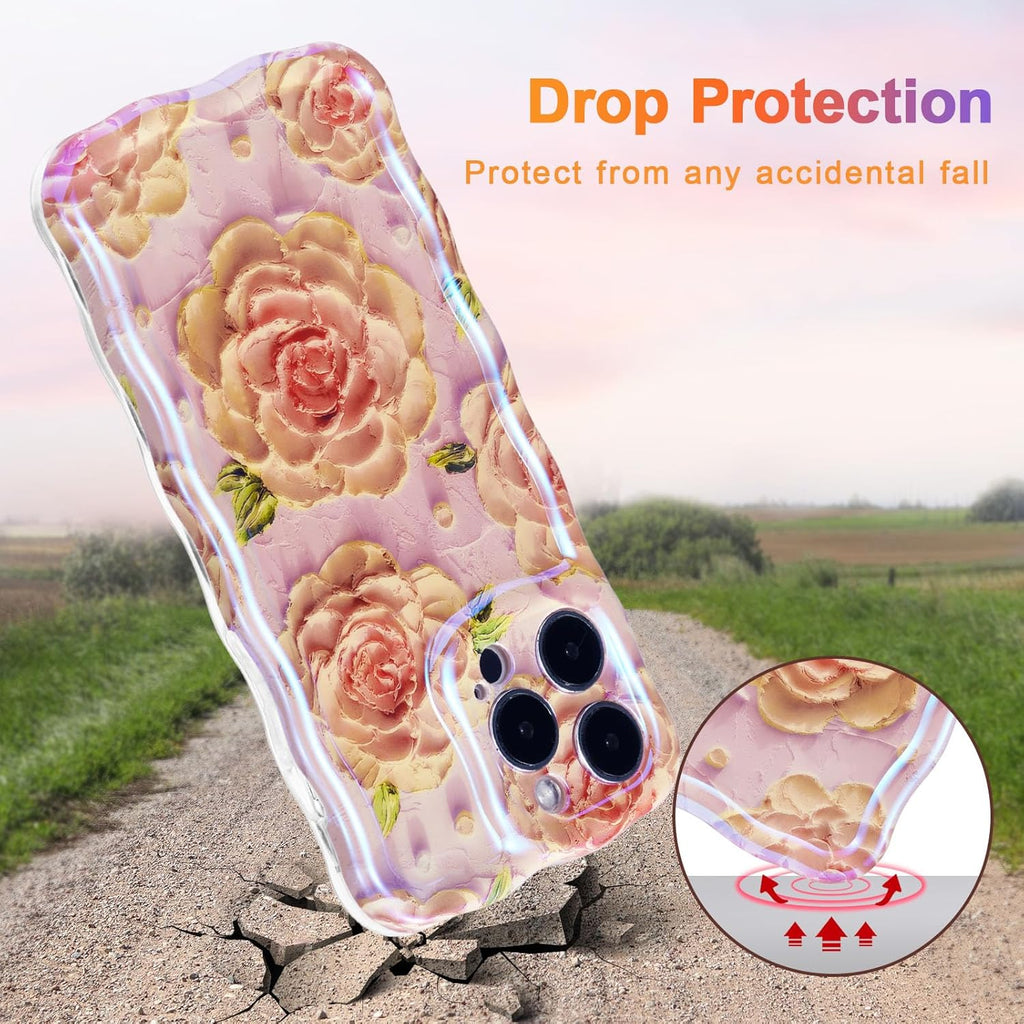 Case for iPhone 15 Pro Max, Colorful Retro Oil Painting Printed Flower Laser Glossy Pattern Cute Curly Wave Edge Exquisite Phone Cover Stylish Durable TPU Protective Case for Girls Women-Green